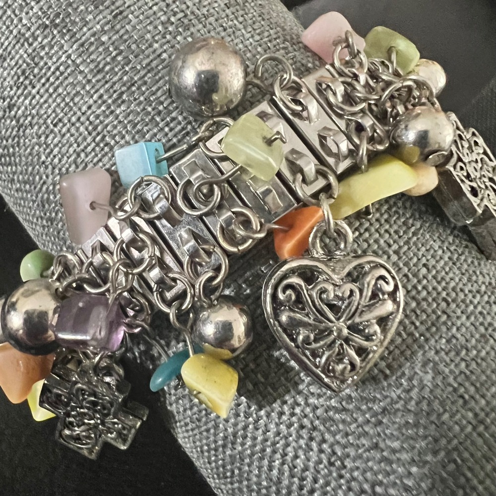 Silver Tone Multi Color Stone Heart Cross Charm‎ Stretch Bracelet Size 7 Y2K 90s